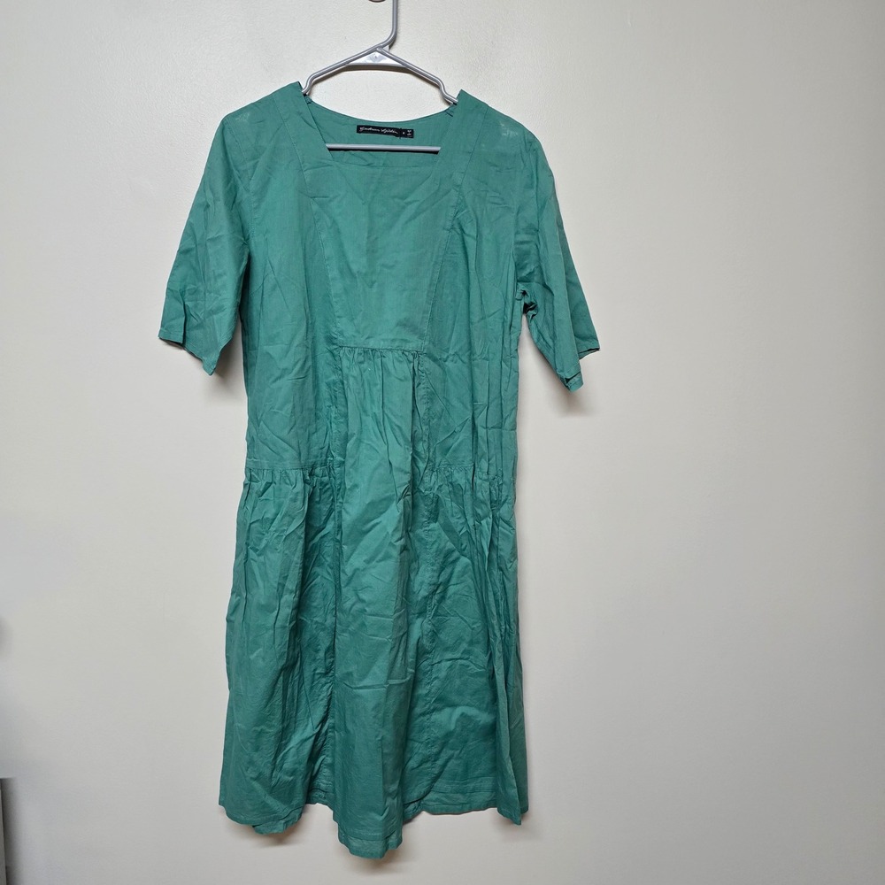 Gudrun Sjoden Green Dress Tiered Cotton Casual Square Neck Midi‎ M Coastal Beach